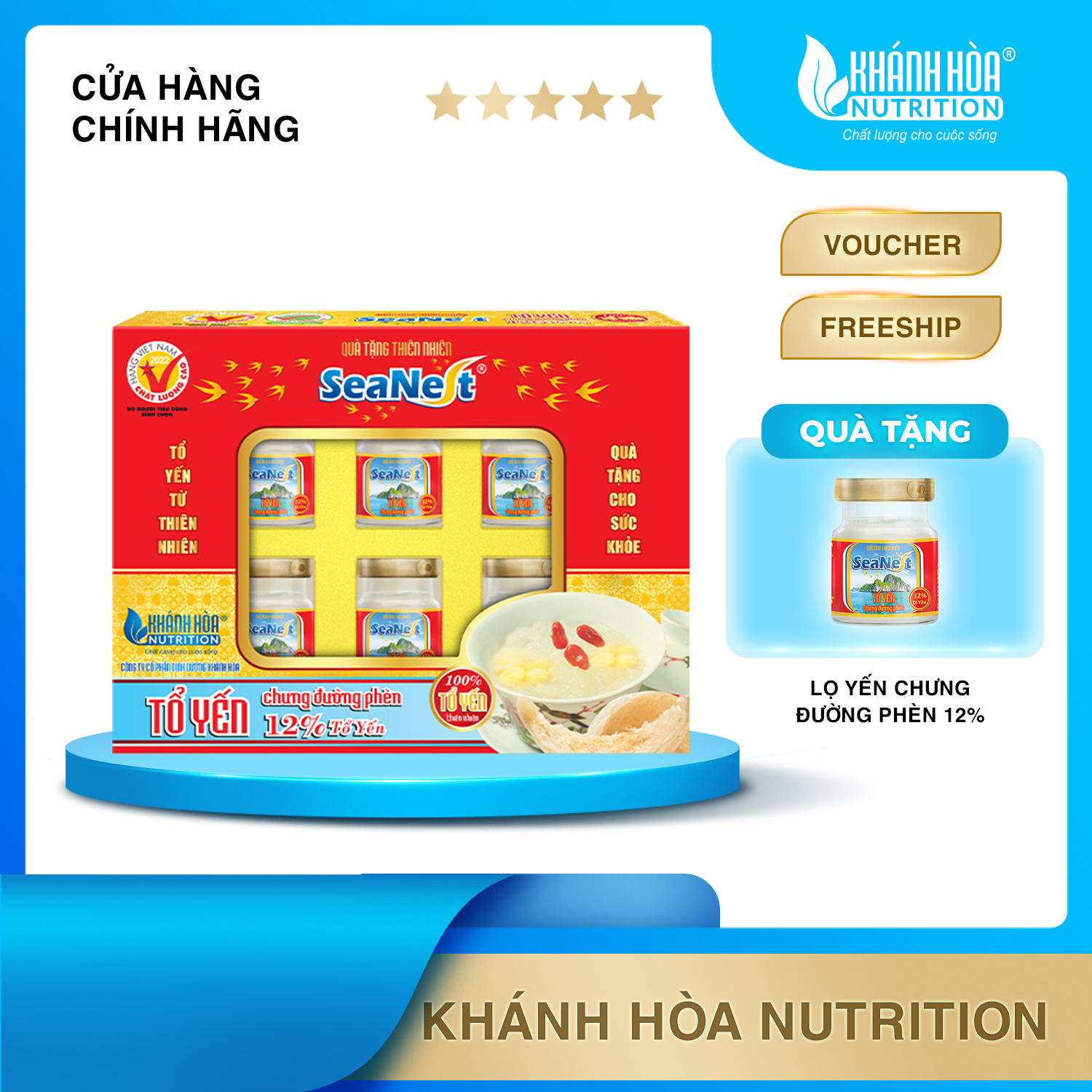 [MUA 1 TẶNG 1 LỌ YẾN] Hộp Quà Nước Yến Sào 12% Tổ Yến SeaNest Chưng Đường Phèn/ Không Đường/ Nhân Sâm Hàn Quốc  - Khánh Hòa Nutrition - 6 Lọ x 70 ML