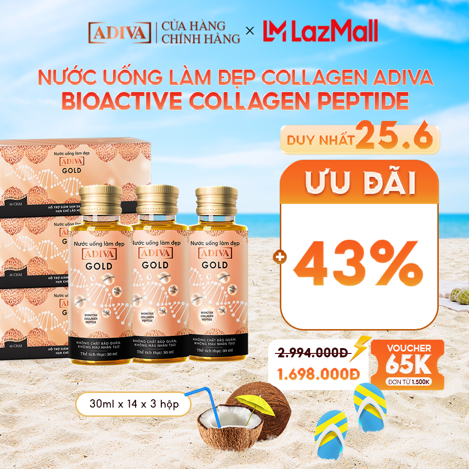 Combo 3 Hộp Nước Uống Làm Đẹp Collagen ADIVA Gold (14 Chai/Hộp)- Giúp Làn Da Căng Mịn, Giảm Nếp Nhăn Và Chống Lão Hóa