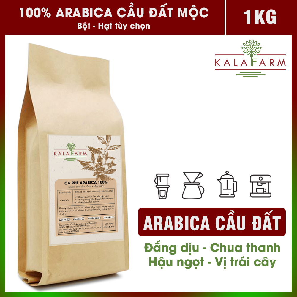 Combo 1Kg (2 gói) Cà phê Arabica Cầu Đất Rang Mộc nguyên chất 100% Kalafarm Thơm mạnh , chua thanh , không tẩm ướp hương liệu