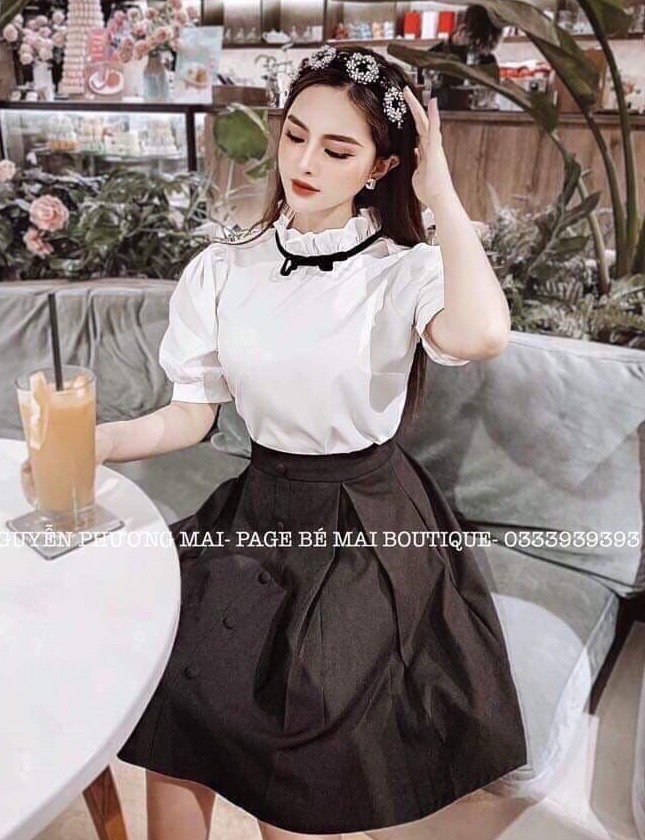 [Mẫu Mới]Set Áo Cổ Xếp Cột Nơ Chân Váy Đính Nút Sang Trọng Thời Trang HARI