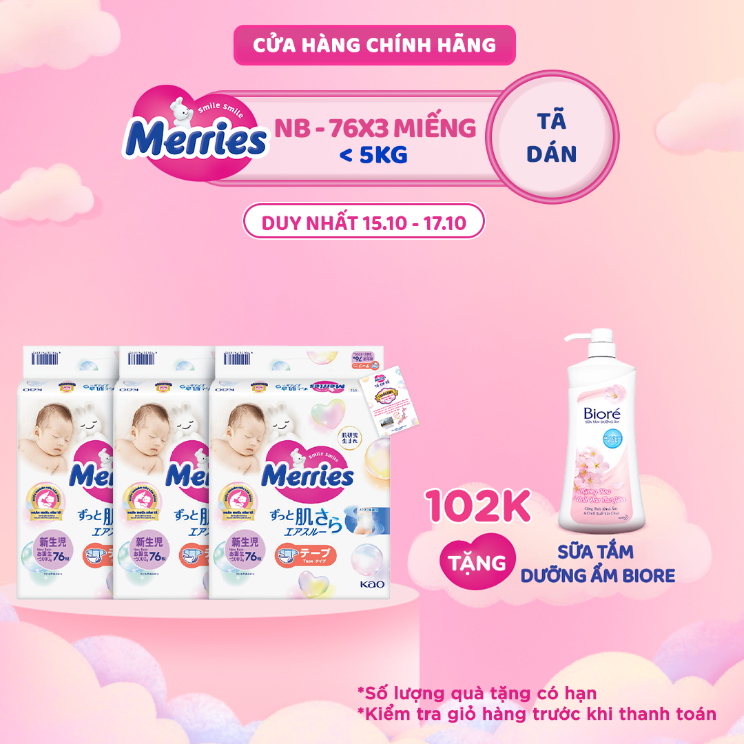 Combo 3 Tã/bỉm dán Merries Đủ Size NB76/S70/M56/L48/XL40