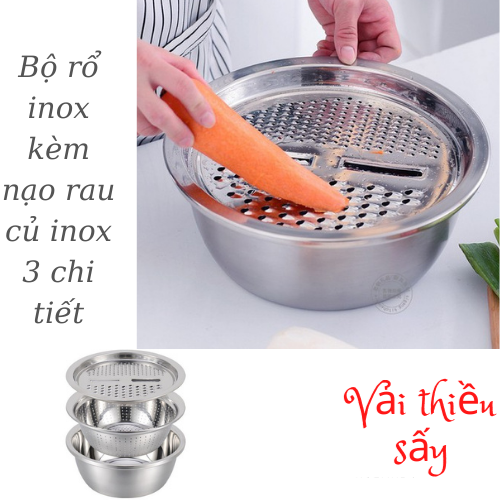 Bộ bào nạo rau củ kèm rổ inox - Nạo rau củ - Bộ bào nạo rau củ inox 3 chi tiết