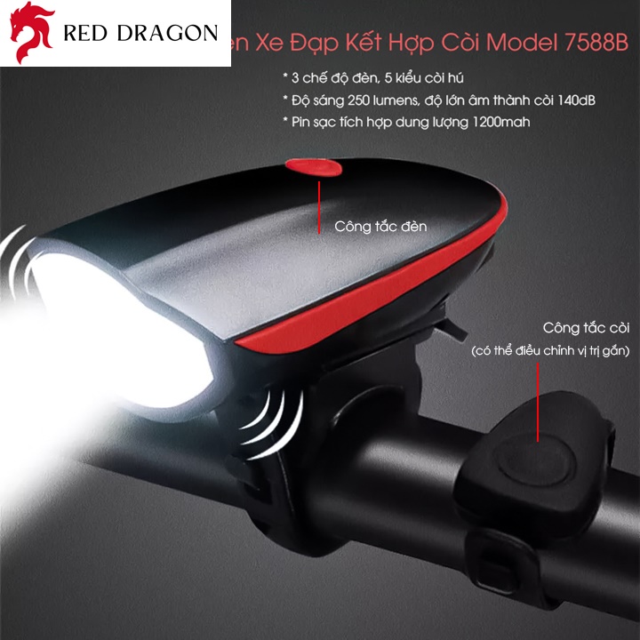 Reddragon bộ đèn led chiếu sáng model 7588b công tắc rời gắn tay lái xe đạp 3 chế độ sáng có còi hú 140db 5 chế độ hú