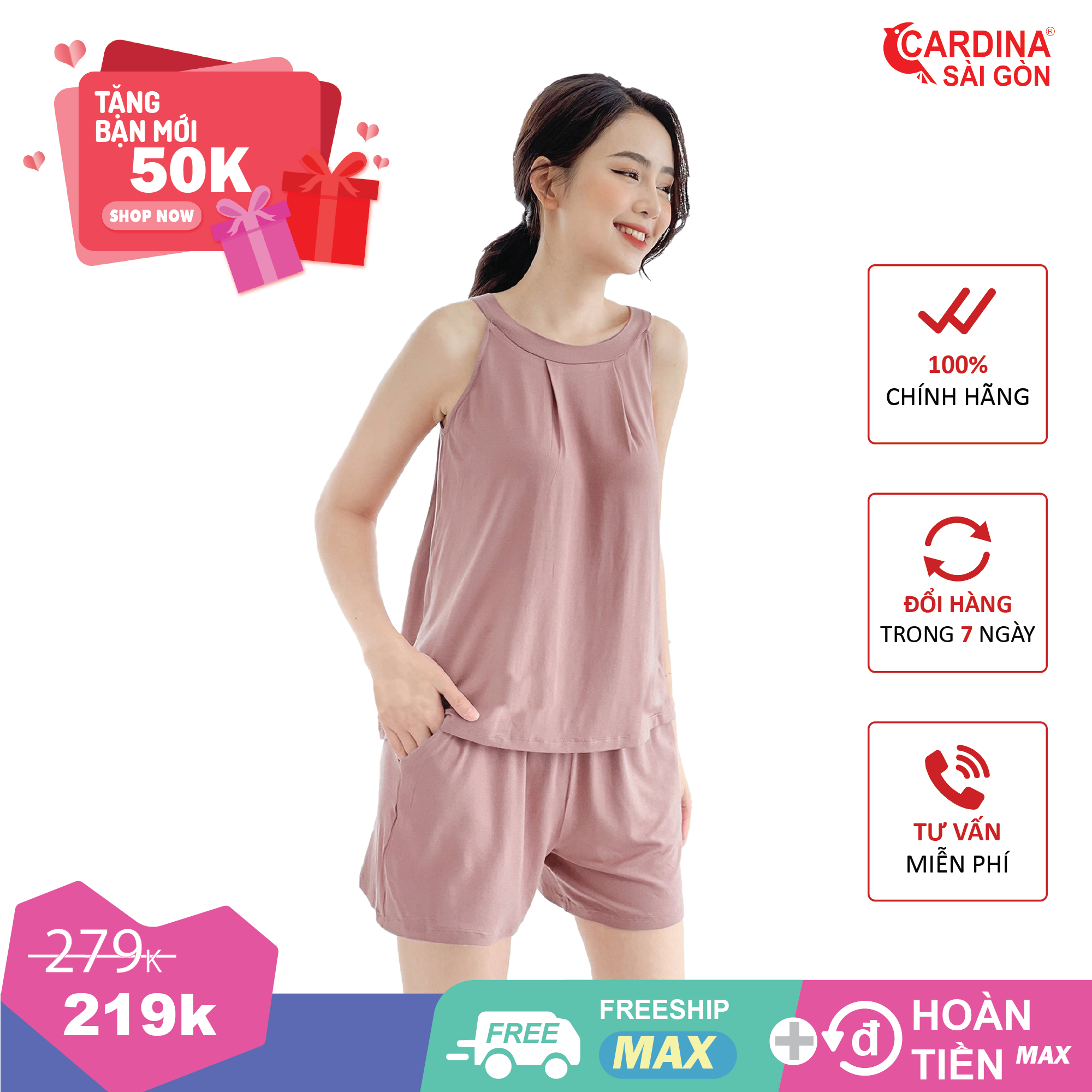 Đồ bộ nữ mặc nhà bằng vải thun cotton cao cấp Cardina Sài Gòn áo 2 dây quần đùi sexy dễ thương đủ size mã 1CF21