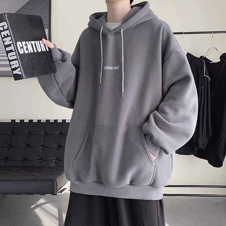 Hoodie Xám Nam Nữ Tay Bồng Unisex Chữ Peace Tay Bồng Mũ Rộng Unisex Uzzlang