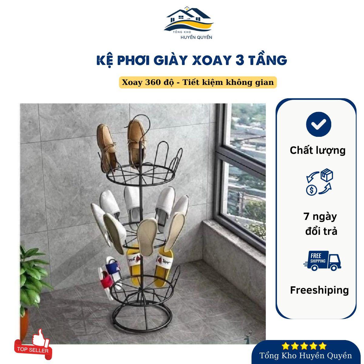 Kệ phơi giầy dép 3 tầng xoay 360 độ - Có móc treo, Khô nhanh, Kệ giày xoay Tiết kiệm không gian, kệ 