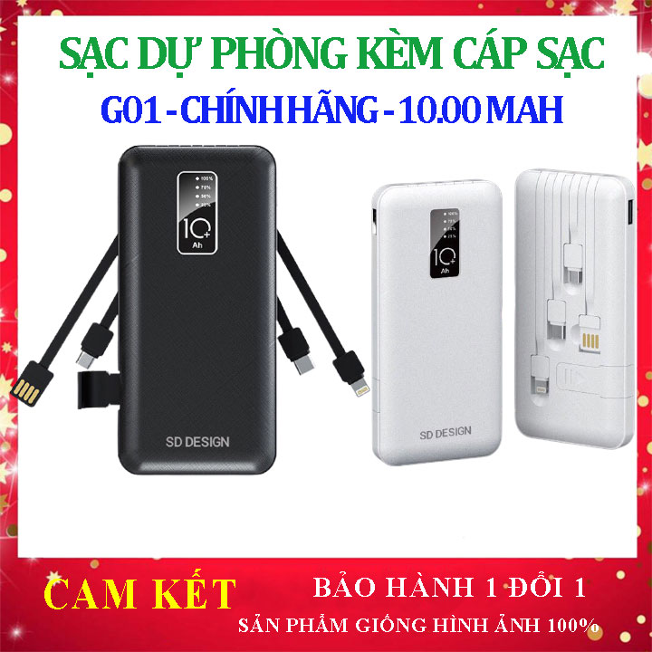 Cục Sạc Dự Phòng Chính Hãng G01 Kèm Cáp Sạc Dung Lượng 10.000 MAH, siêu nhỏ gọn nhẹ, pin dự phòng, sạt dự phòng có 2 cổng Usb , Bảo hành 1 năm