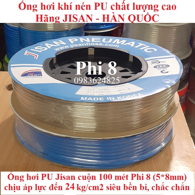 Dây hơi khí nén Hàn Quốc Jisan Phi 8 Dài 100 mét chất lượng cao Made in Korea