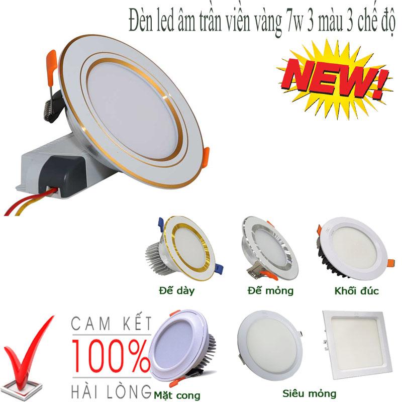 Đèn led âm trần, đèn led trang trí, đèn led ốp tường, Đèn led âm trần viền vàng 7w 3 màu 3 chế độ cao cấp, sang trọng đẹp mắt BH uy tín