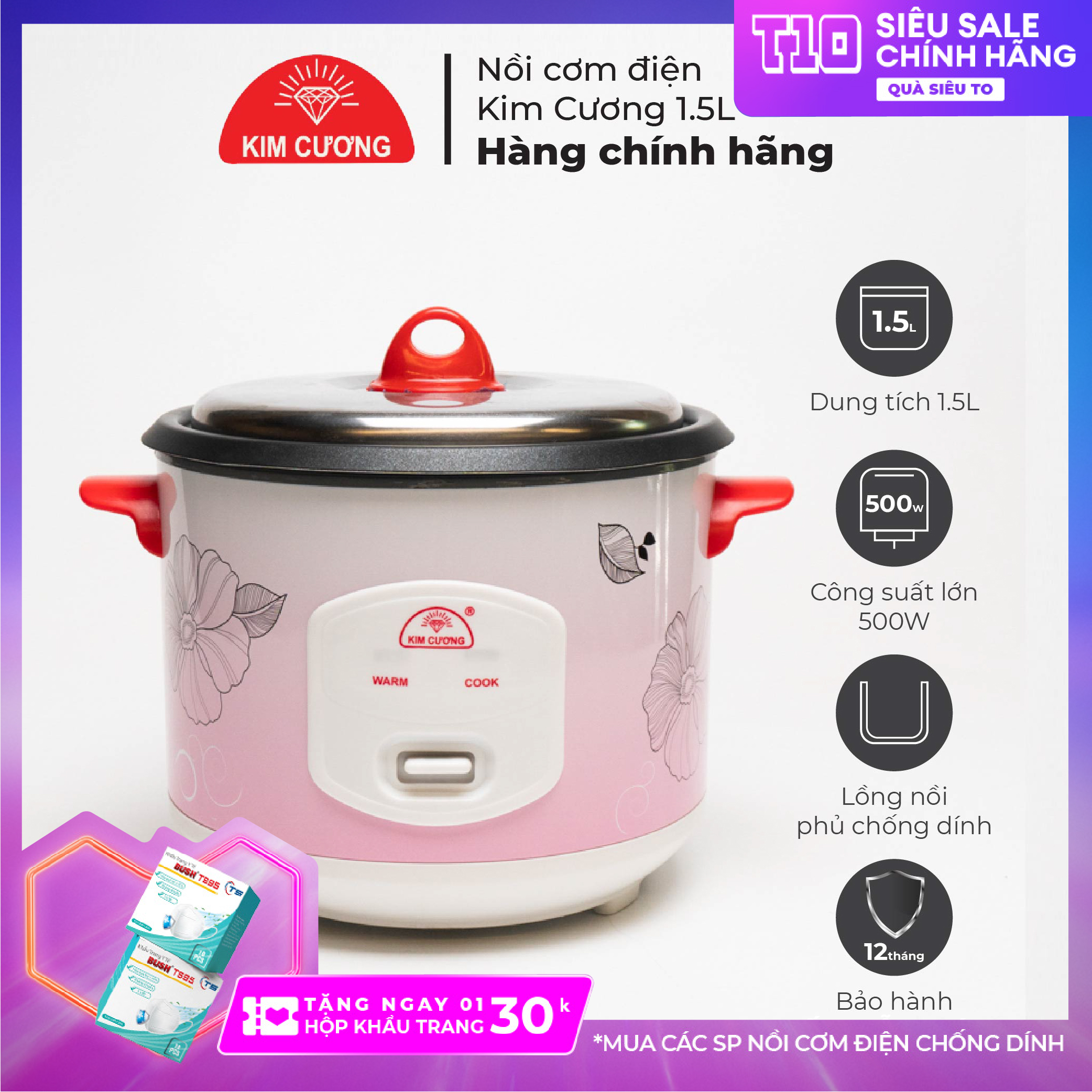 Nồi cơm điện kim cương 1.5 lít - nắp rời chống dính