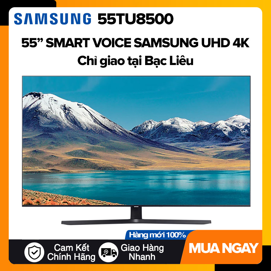 Smart voice tivi samsung 55 inch uhd 4k - model 55tu8500 điều khiển giọng nói, netflix, vieon, galaxy play , spotify, clip tv, dvb-t2, tivi giá rẻ - bảo hành 2 năm