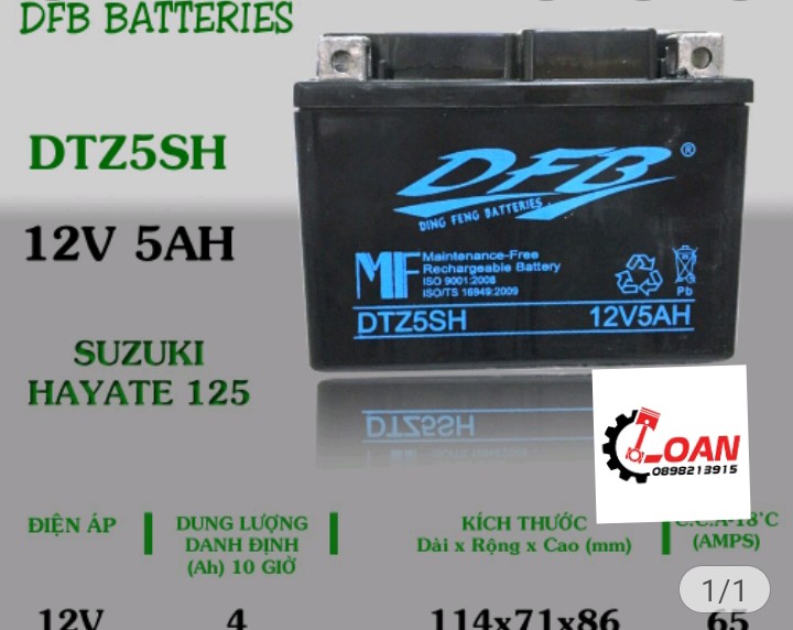 bình ắc quy xe Suzuki Hayate 125 hãng DFB Batteries dung lượng 12v 5AH