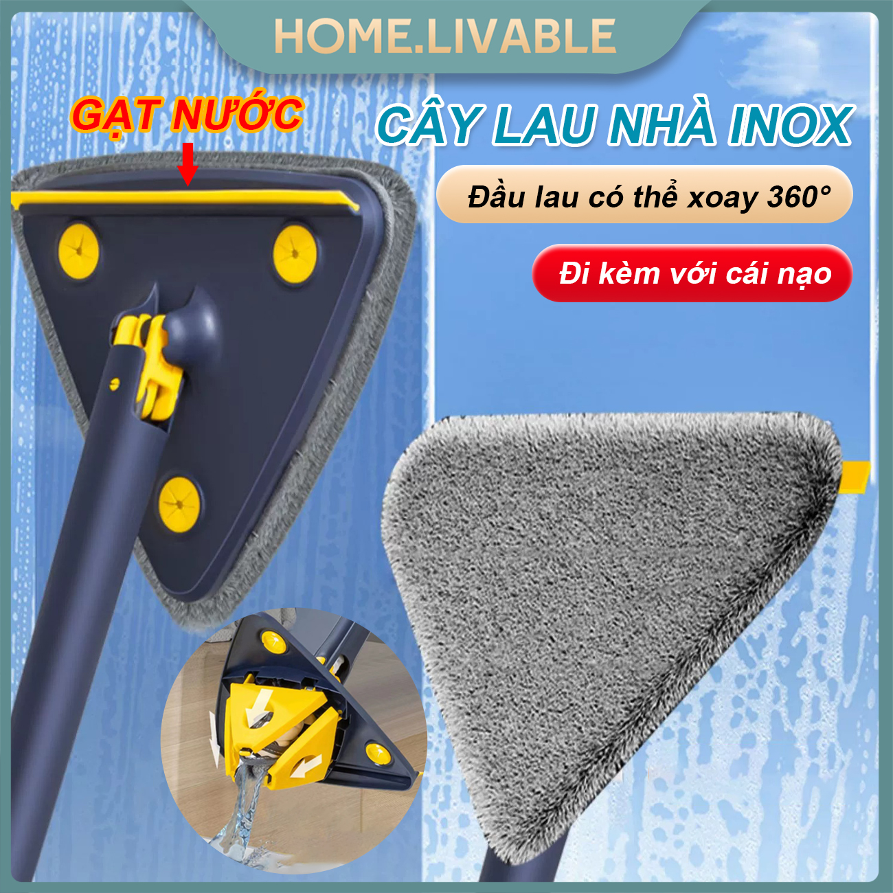 Chổi lau tam giác tự vắt xoay 360 độ đa năng Cây Chổi Tam Giác Lau Sàn Nhà Trần Nhà Lau Kính Tự Vắt Thông Minh