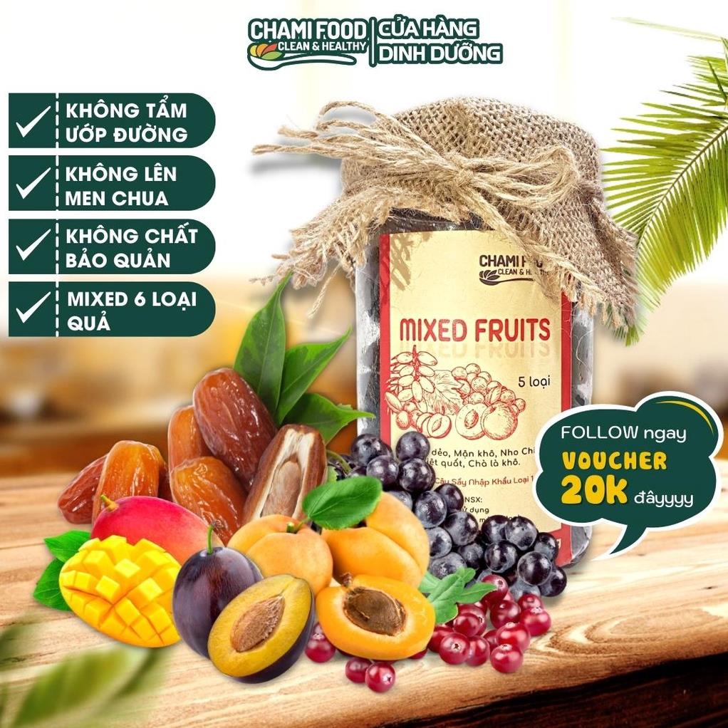 Trái cây sấy dẻo chami food không đường 500g mix 5 hoa quả mơ sấy dẻo chà là mận sấy nho khô nam việt quất sấy tốt ho mẹ bầu, người giảm cân, ăn kiêng