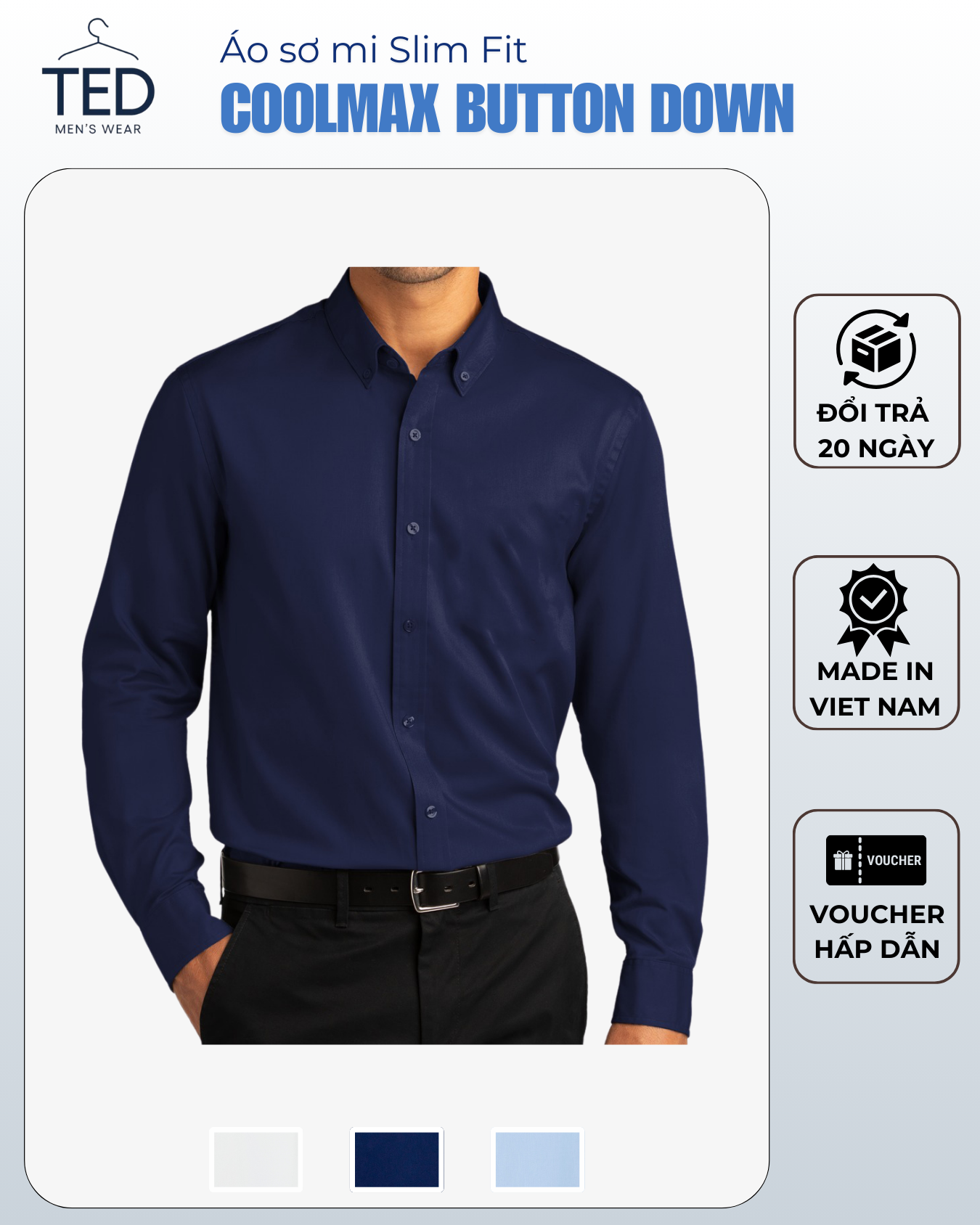 Áo sơ mi nam dài tay xanh Navy Button Down chất liệu Coolmax form Slim Fit
