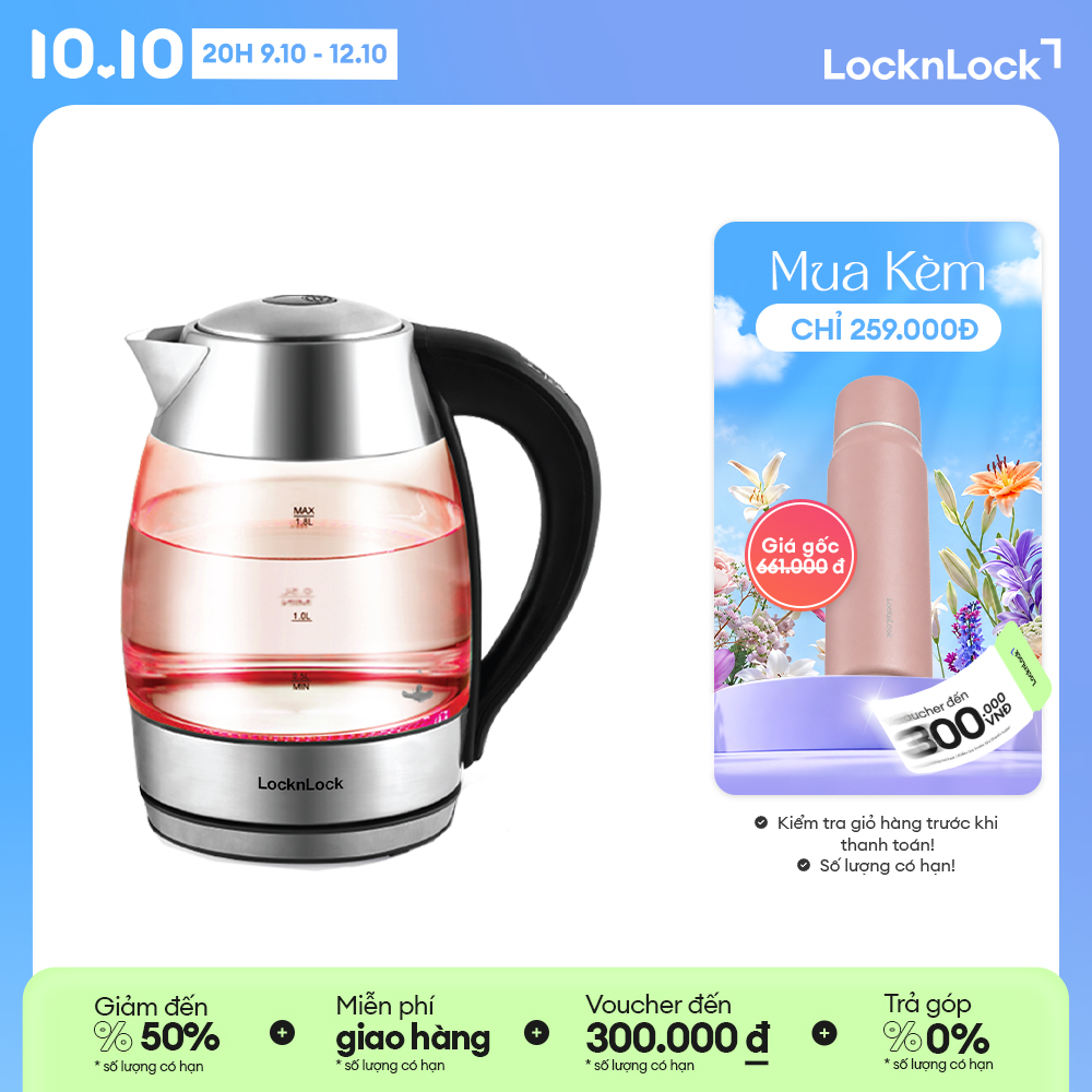 Ejk341 - ấm đun nước siêu tốc thủy tinh lock&lock 1.8l, tùy chỉnh đun 4 mức nhiệt - hàng chính hãng - bảo hành 2 năm