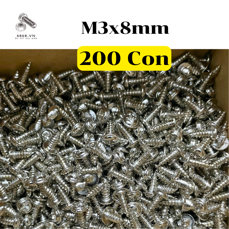 200 Con Ốc Vít M3x8 Có Long Đền Liền Mạ Trắng – Vít Tự Bắt Ren Nhọn Dùng Cho Điện Tử, Điện Gia Dụng