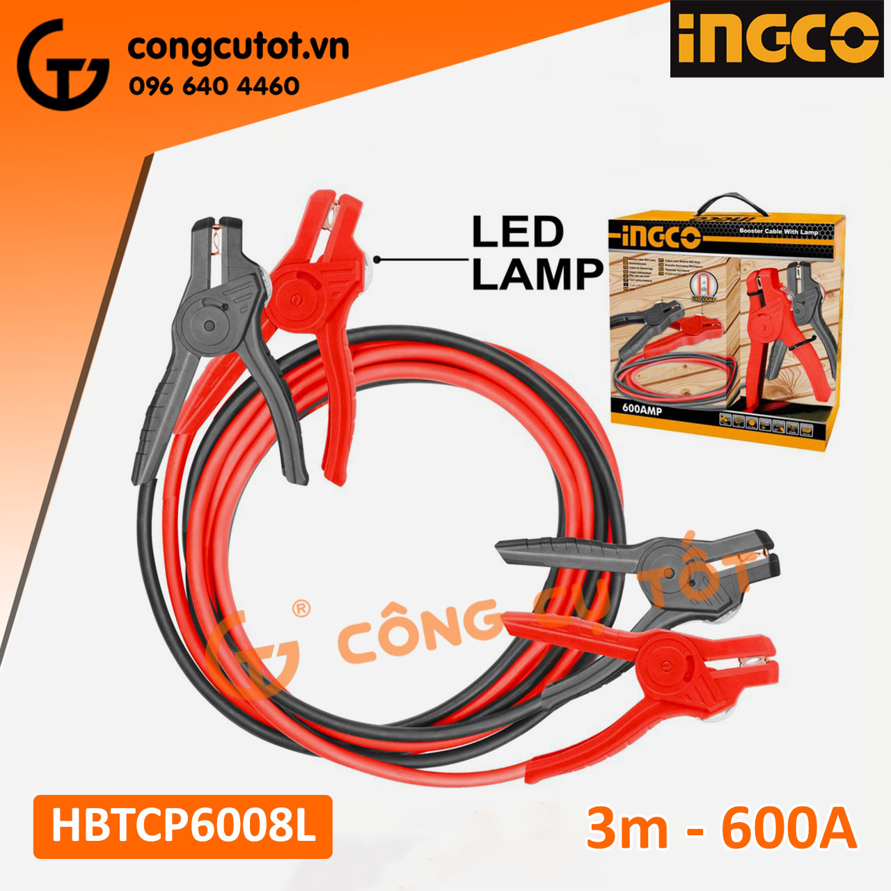 Dây câu bình ắc quy cho xe hơi 600A dài 3m kẹp cách điện có LED dung tích 4.5L INGCO HBTCP6008L, TOTAL PBCA16008L