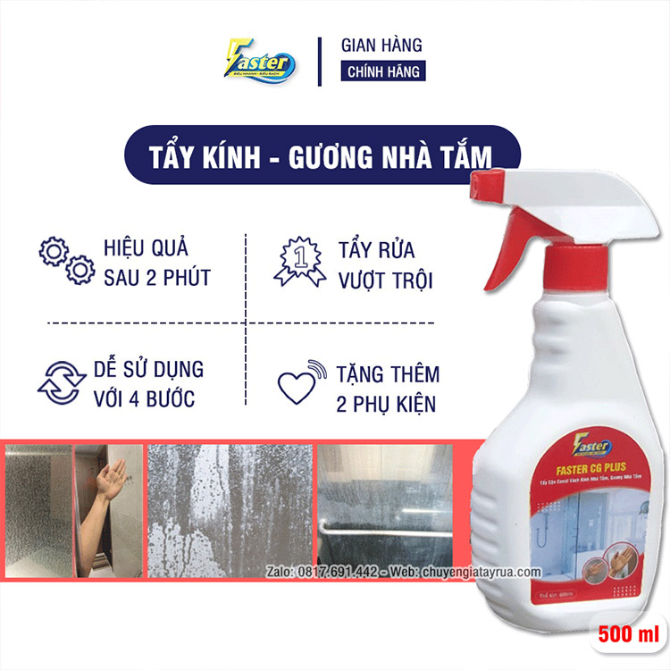 Dung Dịch Tẩy Cặn Canxi Vách Kính Nhà Tắm (Tặng Thêm 2 Phụ Kiện) Bể Cá, Vệ Sinh Gương Ố Mốc Đa Năng Faster