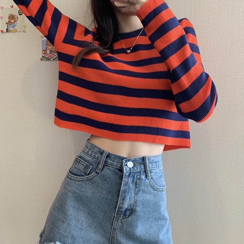 Áo Len Nữ Croptop Dệt Kim Tay Dài Cổ Tròn Dáng Rộng Kẻ Sọc Ngang Kiểu Hàn Quốc Xiaozhainv vn K-15