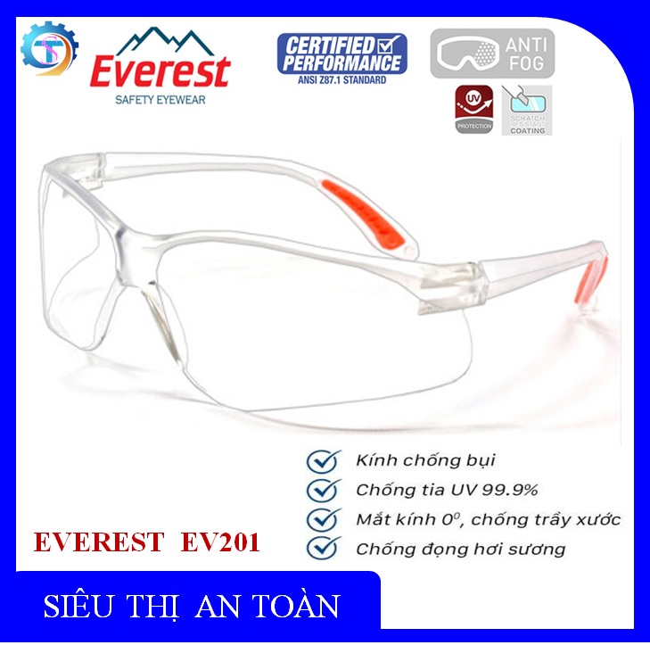 Kính bảo hộ lao động everest ev201 , bảo hộ lao động, chống bụi , tia uv , chống đọng sương , hơi nước