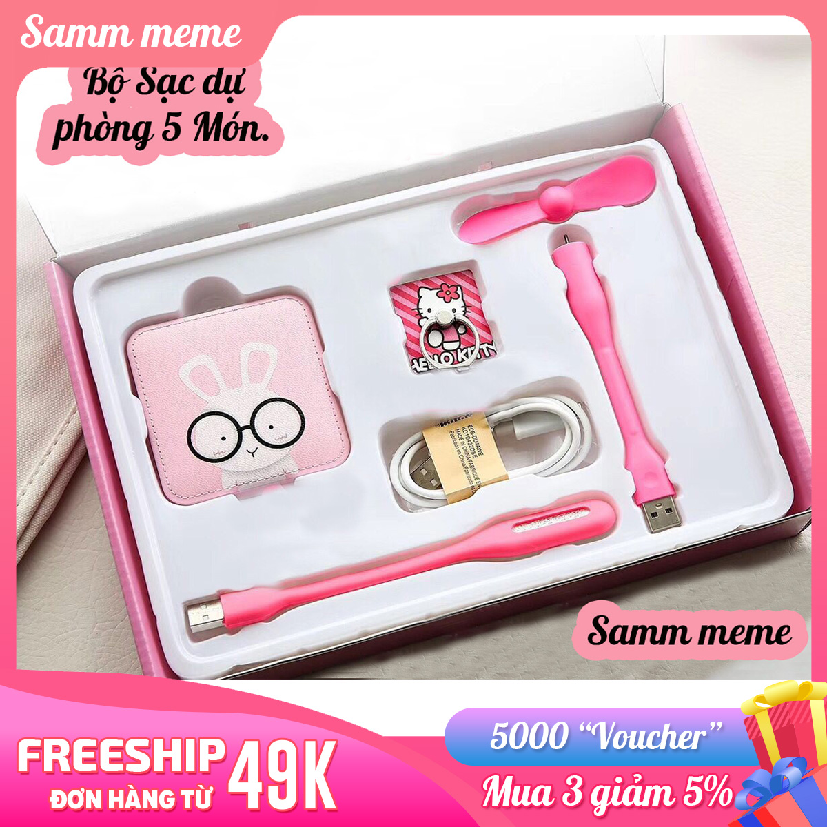 Set 5 Món Sạc Dự Phòng Doremon Hello Kitty Siêu Dễ Thương Full Hộp - Samm meme
