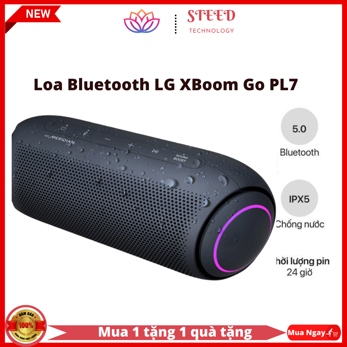 Loa Bluetooth  . Loa LG Xboom Go PL7 với công nghệ Meridian Âm thanh 30W Âm trầm hành động kép Thời lượng pin đến cả ngày (24 tiếng) Chế độ đèn nhiều màu , chống nước IPX5 , Loa Bluetooth LG XBoom Go PL7 Chính hãng bảo hành 1 năm