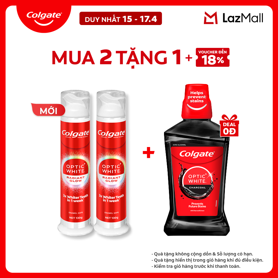 [Chỉ 15-17.4_X2 Voucher giảm đến 18%] [MỚI] Kem đánh răng Colgate vòi nhấn thông minh Optic White Radiant Glow, trắng răng trong 7 ngày, khóa chân không hạn chế vi khuẩn 130g/ ống