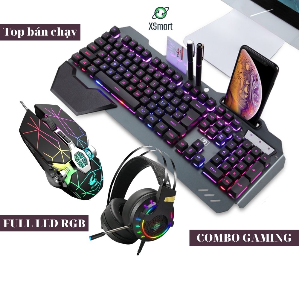 Bộ bàn phím chuột kèm tai nghe gaming chụp tai LED rgb cực đẹp nhiều chế độ, combo chơi game cho máy tính laptop pc K618+V8 tia sét+K3