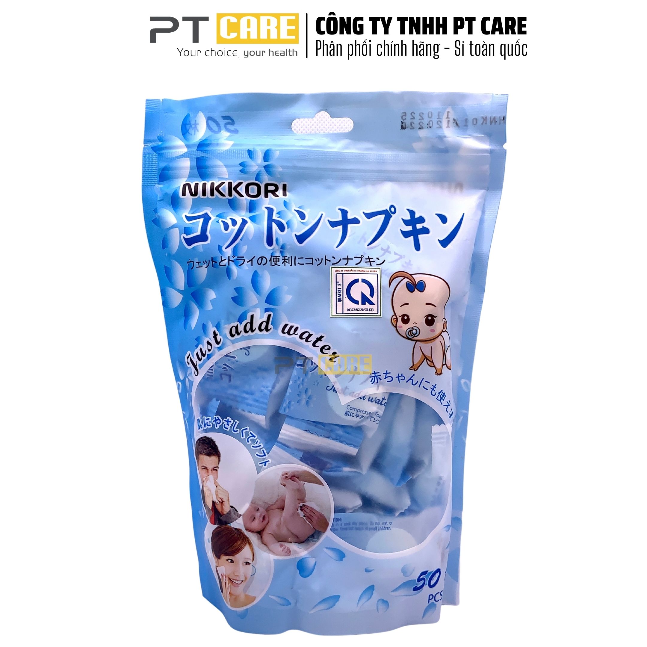 Pt care | khăn giấy khô dạng nén nikkori - sản xuất theo công nghệ nhật bản bịch 50 viên