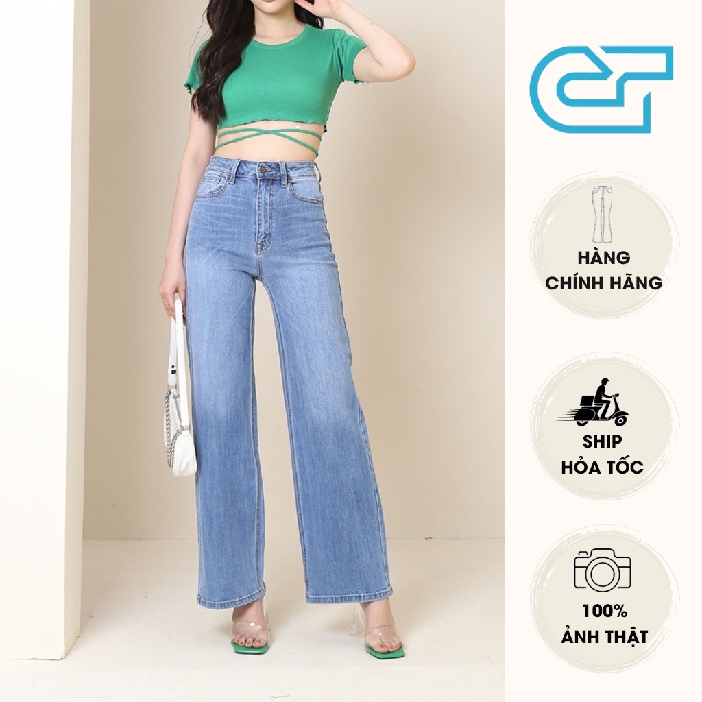 Quần jean ống rộng nữ - Quần jean ống suông cạp cao basic dáng dài 3 màu đen, trắng, be CP09, CT JEANS