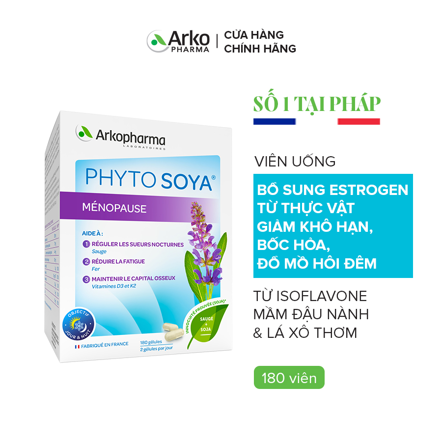 Viên uống giảm triệu chứng tiền mãn kinh, mãn kinh Arkopharma Phyto Soya® Menopause hộp 180 viên
