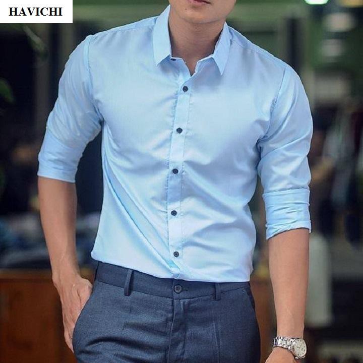 Áo sơ mi nam Áo Sơ mi nam xanh da trời trơn basic công sở hàn quốc đẹp giá rẻ.