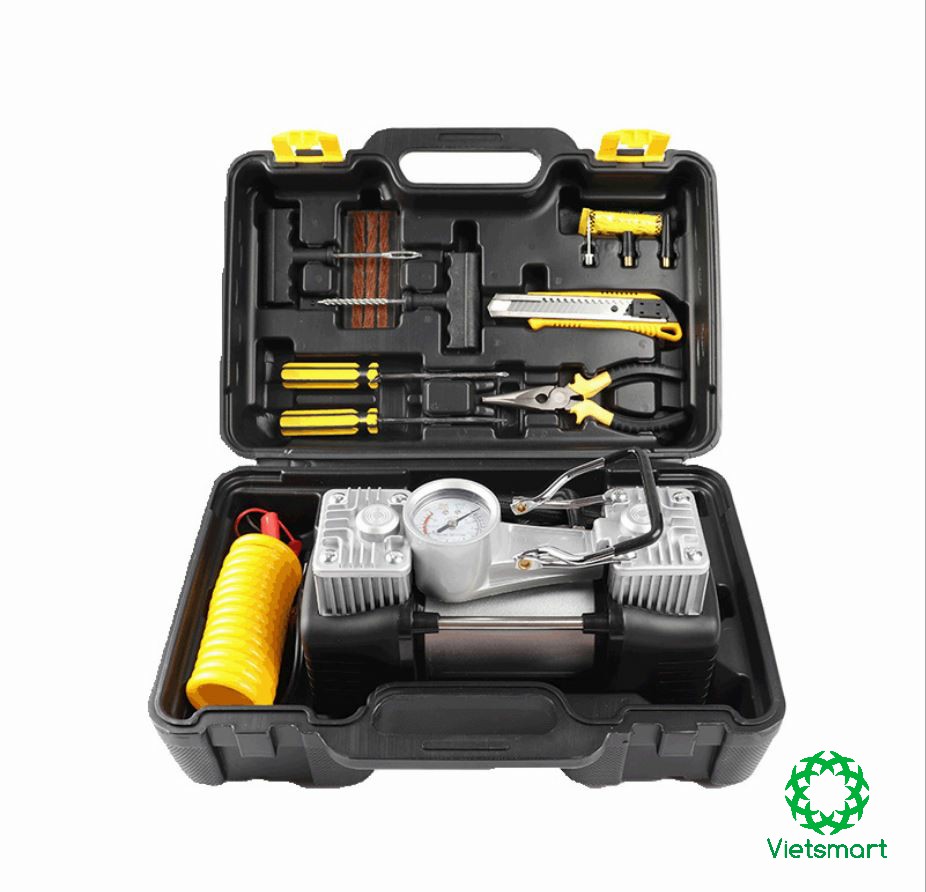 Bơm lốp ô tô 2 xilanh công suất lớn 120W, kèm dụng cụ tự vá, bảo hành 06 tháng