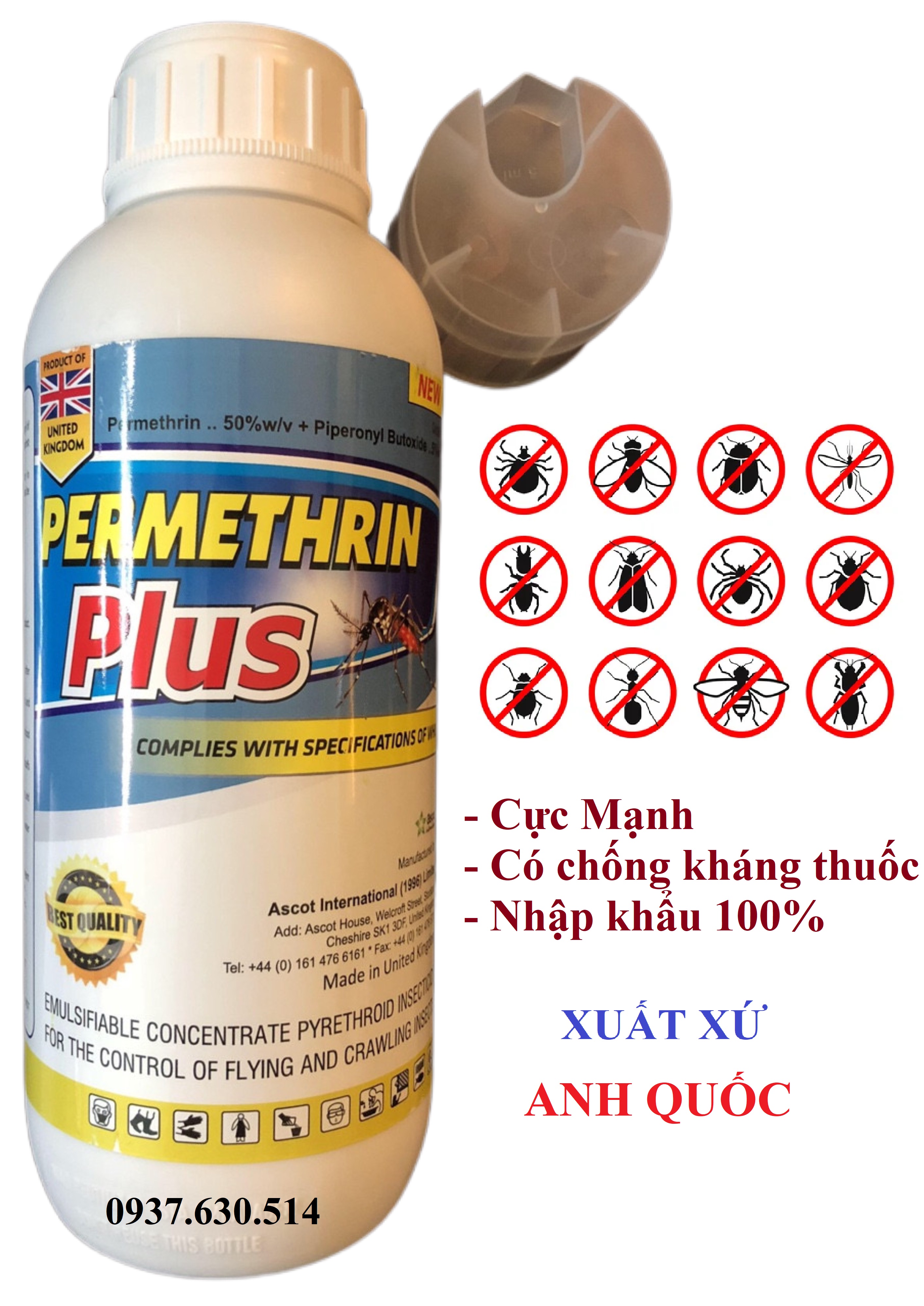 (Nhập Anh Quốc) Thuốc diệt muỗi Permethrin Plus 50EC chai 1 lít  tác dụng mạnh với ruồi, muỗi, kiến, gián...