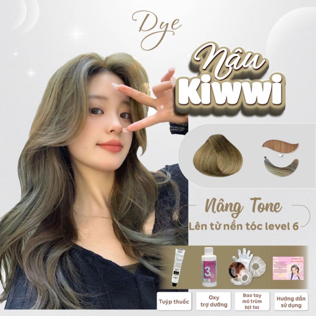 Thuốc nhuộm tóc, thuốc nhuôm tóc màu NÂU KIWI, DYE.HAIR, tặng kèm oxy trợ dưỡng và bao tay