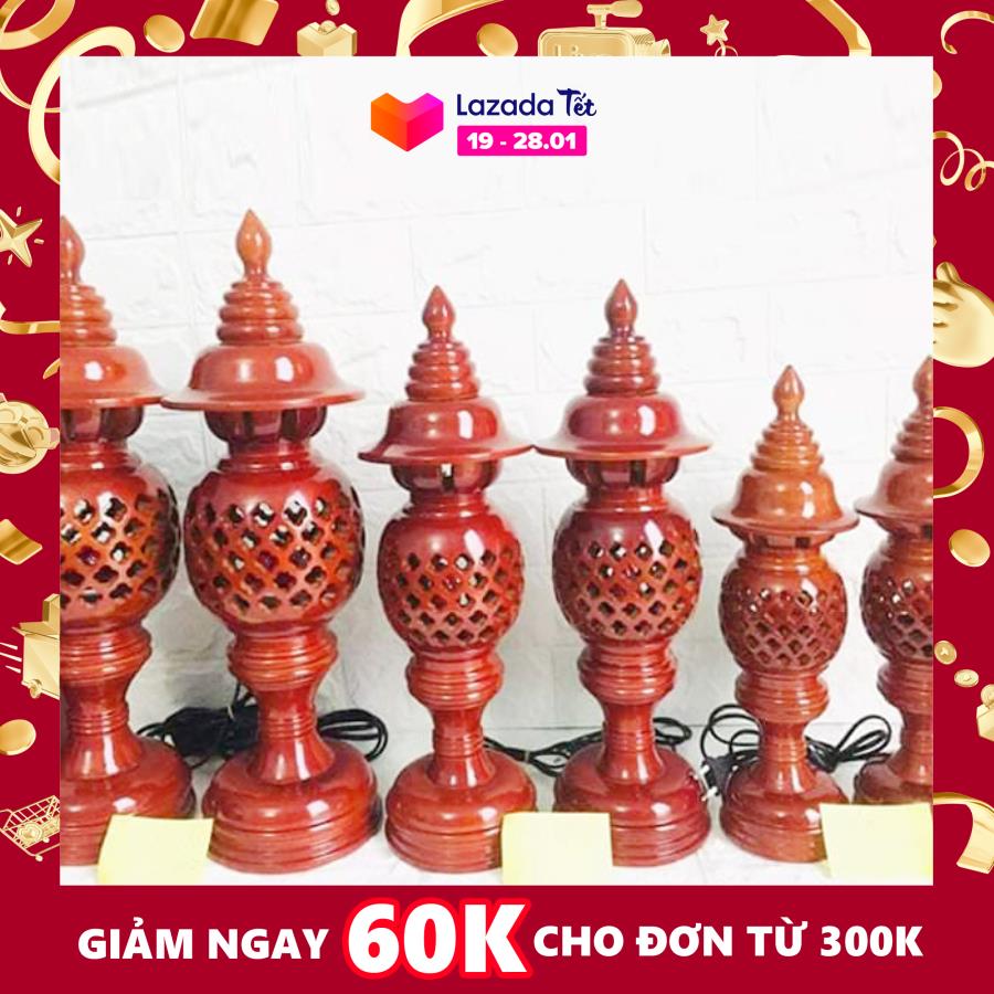 Cặp đèn thờ gỗ tràm bông vàng cao 46 cm
