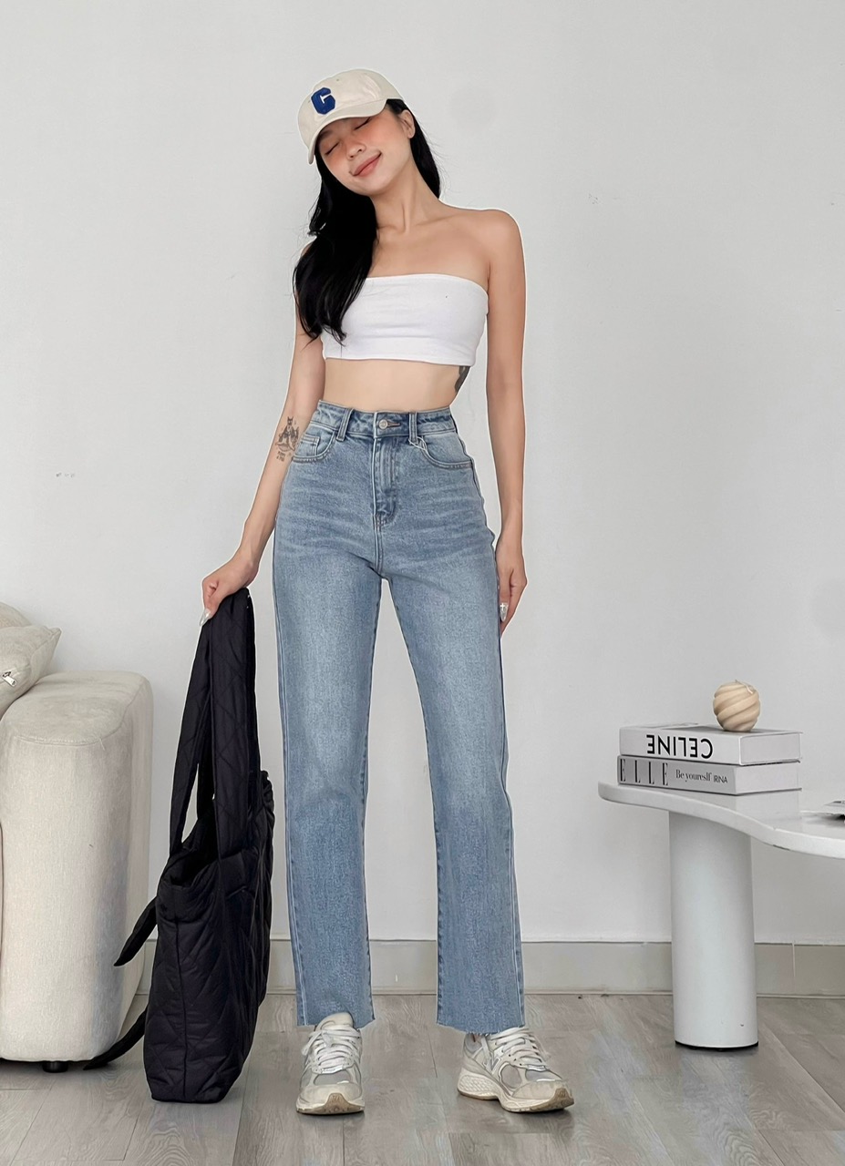 Quần jean nữ ống đứng cắt lai cao cấp reverclothings jeans cắt lai
