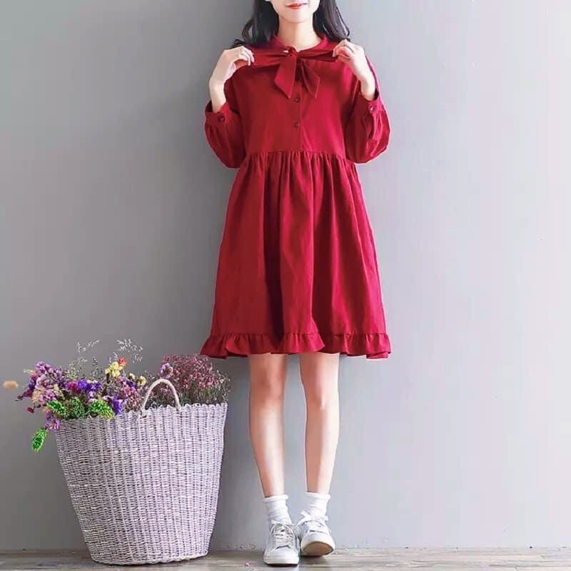 Đầm babydoll đỏ có nơ cổ ms47