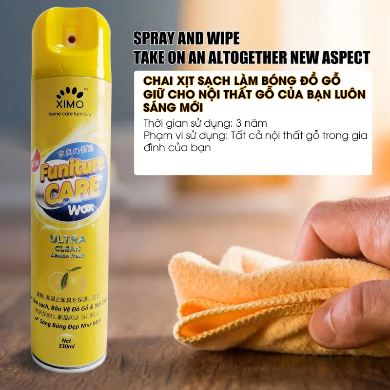 Chai xịt làm sạch đánh bóng, bảo dưỡng đồ gỗ, sành sứ furniture care wax ximo home hương chanh 330ml