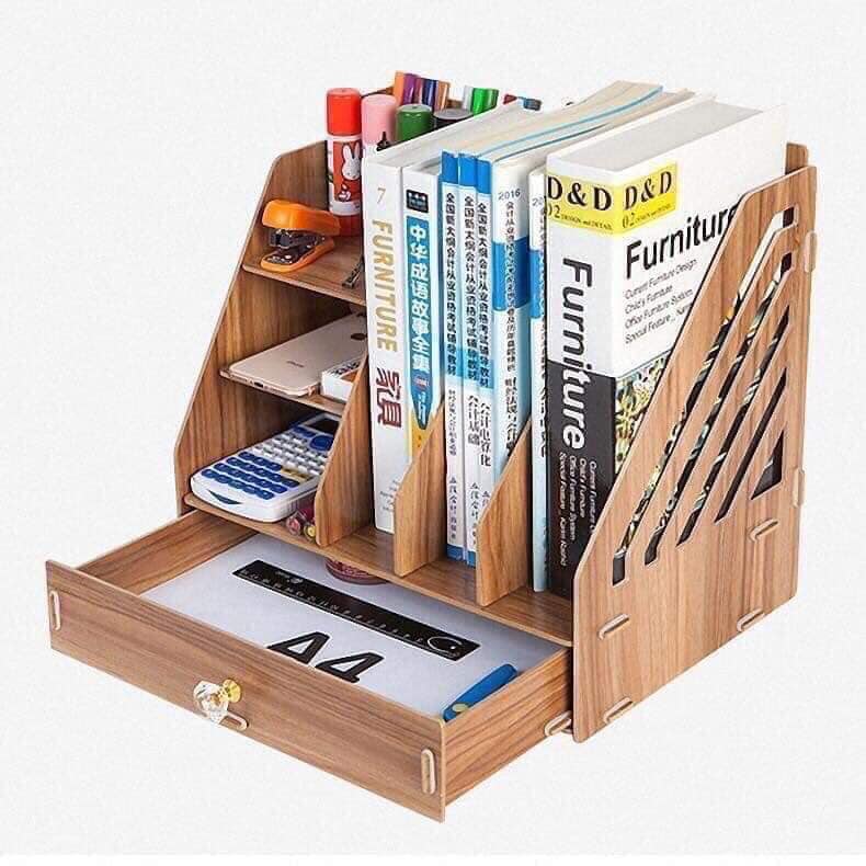 Kệ sách mini bằng gỗ, Giá đựng tài liệu để bàn có ngăn kéo, kích thước 33x23x30cm