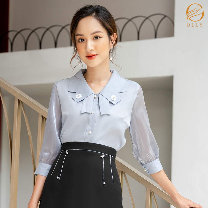 [KHUYẾN MẠI SỐC] Áo sơ mi cổ cánh bướm tay lỡ phối đũi tơ OLLY OBA20.010