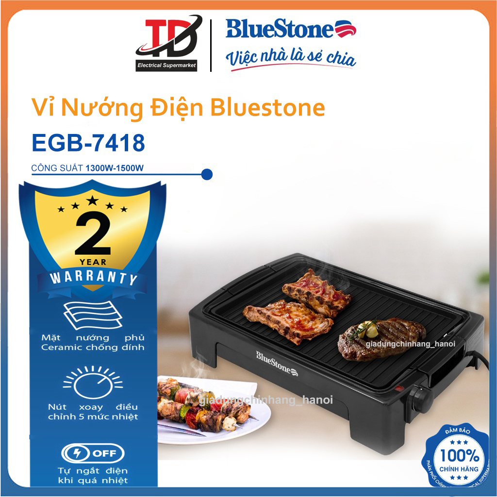 Bếp nướng điện bluestone egb-7418, công suất 1500 w, phủ ceramic chống dính, bảo hành chính hãng 2 năm