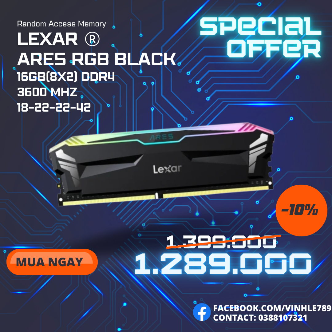 Ram Lexar ARES RGB Black 16GB 2x8GB DDR4 Bus 3600 MHz Cas 18