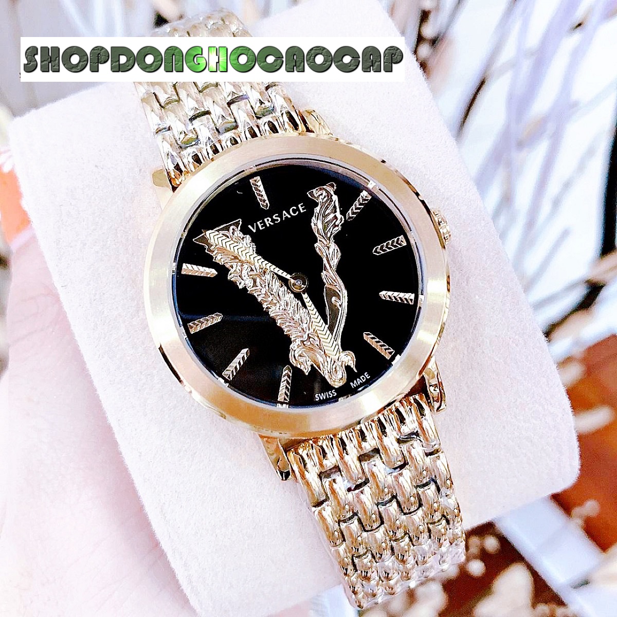 [HCM]Đồng Hồ Versace Virtus Gold Nữ Dây Vàng Mặt Đen 36mm