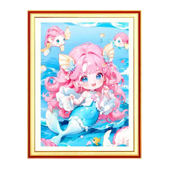 Tranh thêu chữ thập nàng tiên cá chibi 9ct vải kim tuyến