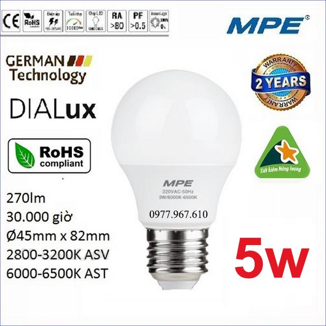 Bóng led bulb 5W cao cấp MPE ( tiêu chuẩn Châu Âu ), bảo hành 24 tháng