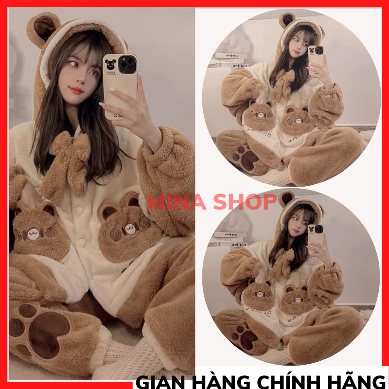 Bộ lông cừu gấu nơ, bộ ngủ lông dày mềm mịn, bộ lông mặc nhà ấm áp cao cấp