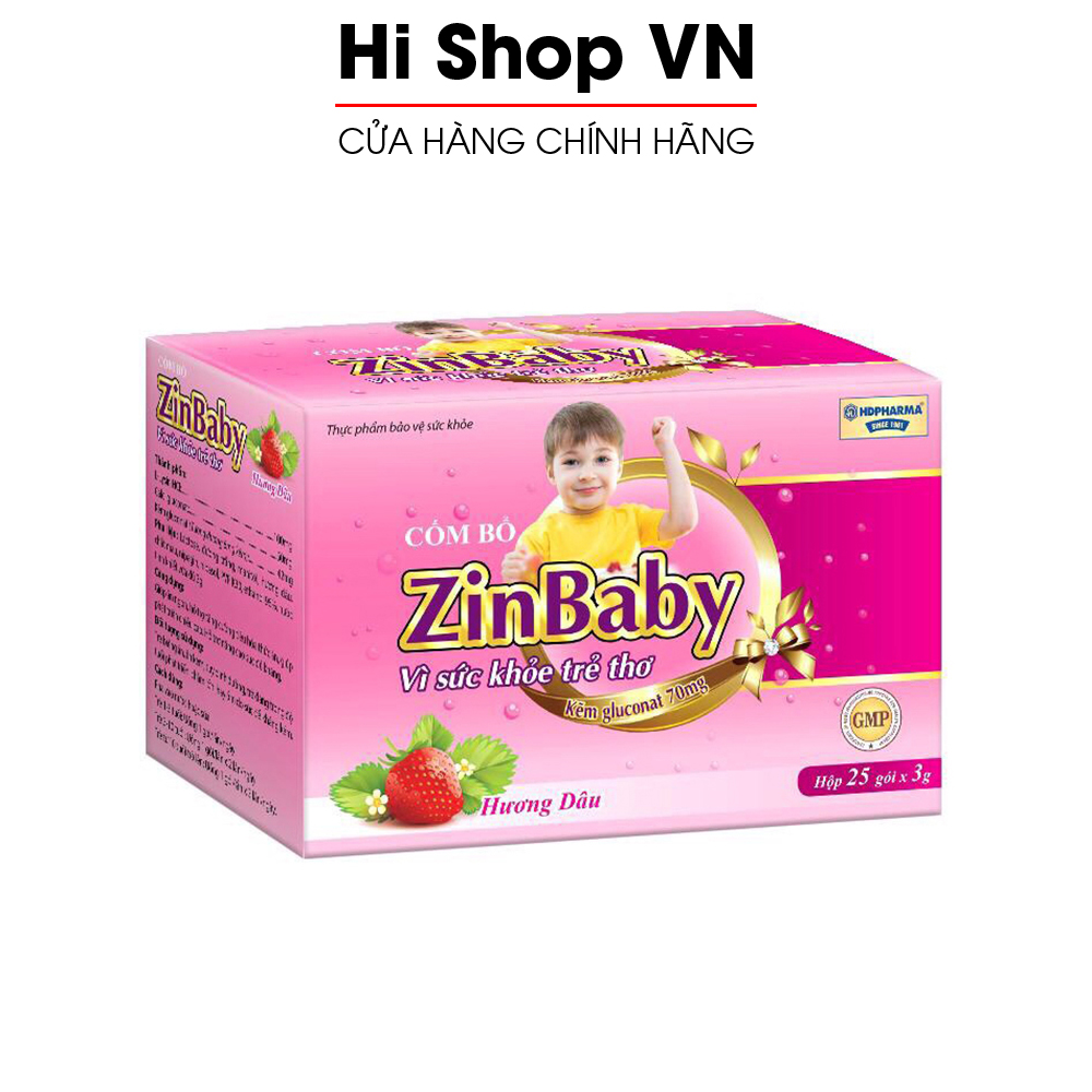 Cốm ăn ngon tăng sức đề kháng, bổ sung kẽm, canxi, lysin cho bé từ 1 tuổi ZinBaby - Hộp 25 gói hương dâu