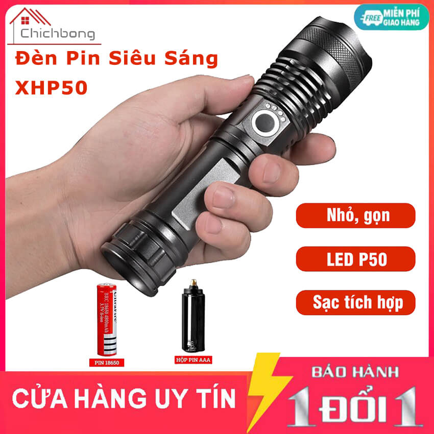 Đèn pin cầm tay siêu sáng XHP50 chiếu xa 500m có Zoom xa gần, chống thấm nước, pin trâu 6800mAh 5 chế độ sáng, đèn pin cầm tay, đèn pin dã ngoại